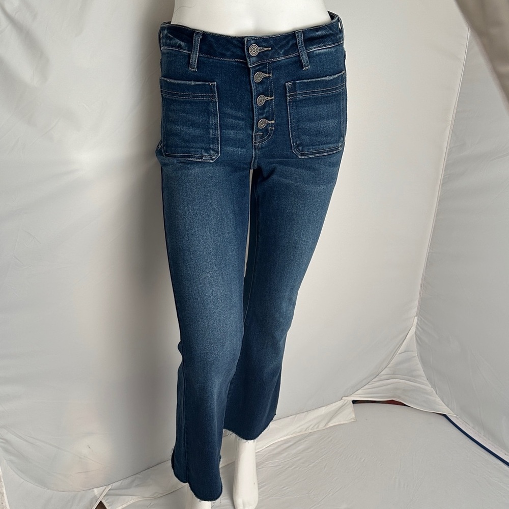 Hidden Patch Pocket High Rise Dark Wash Button-Fly Cropped Flare Jeans